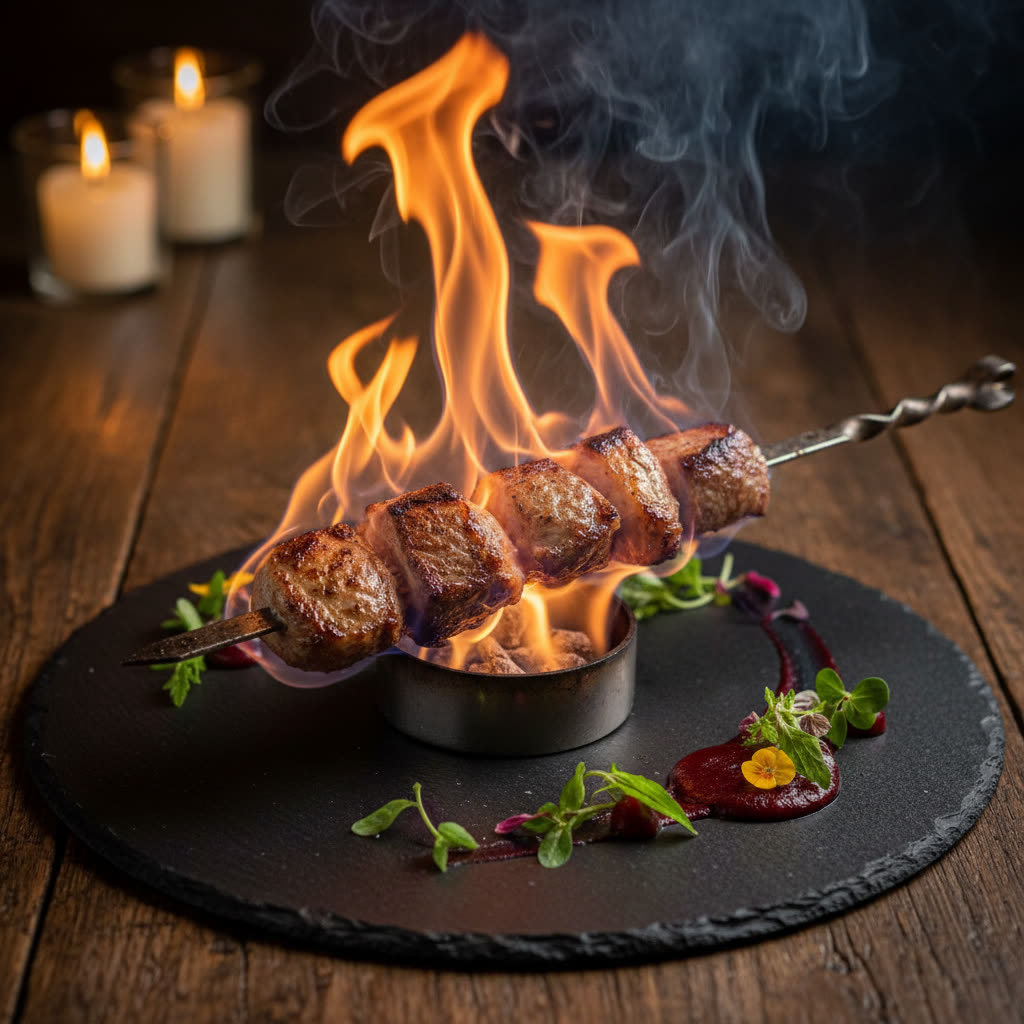 Brochette d'agneau flambée