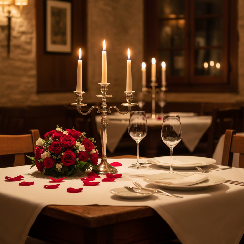Table romantique dressée pour deux, bougies et pétales de rose, restaurant Le Bourg-Ville